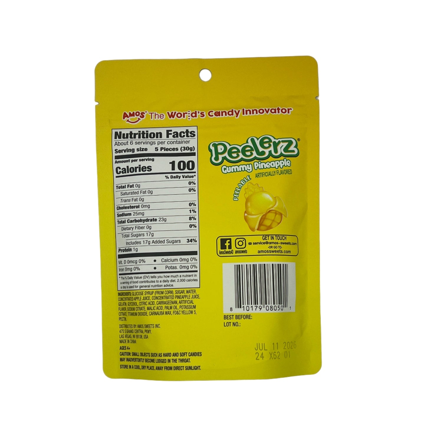 Amos Gummy Peelerz Pineapple 6oz (170g) USA Peelable Candy Snack Large American Sweet Bags