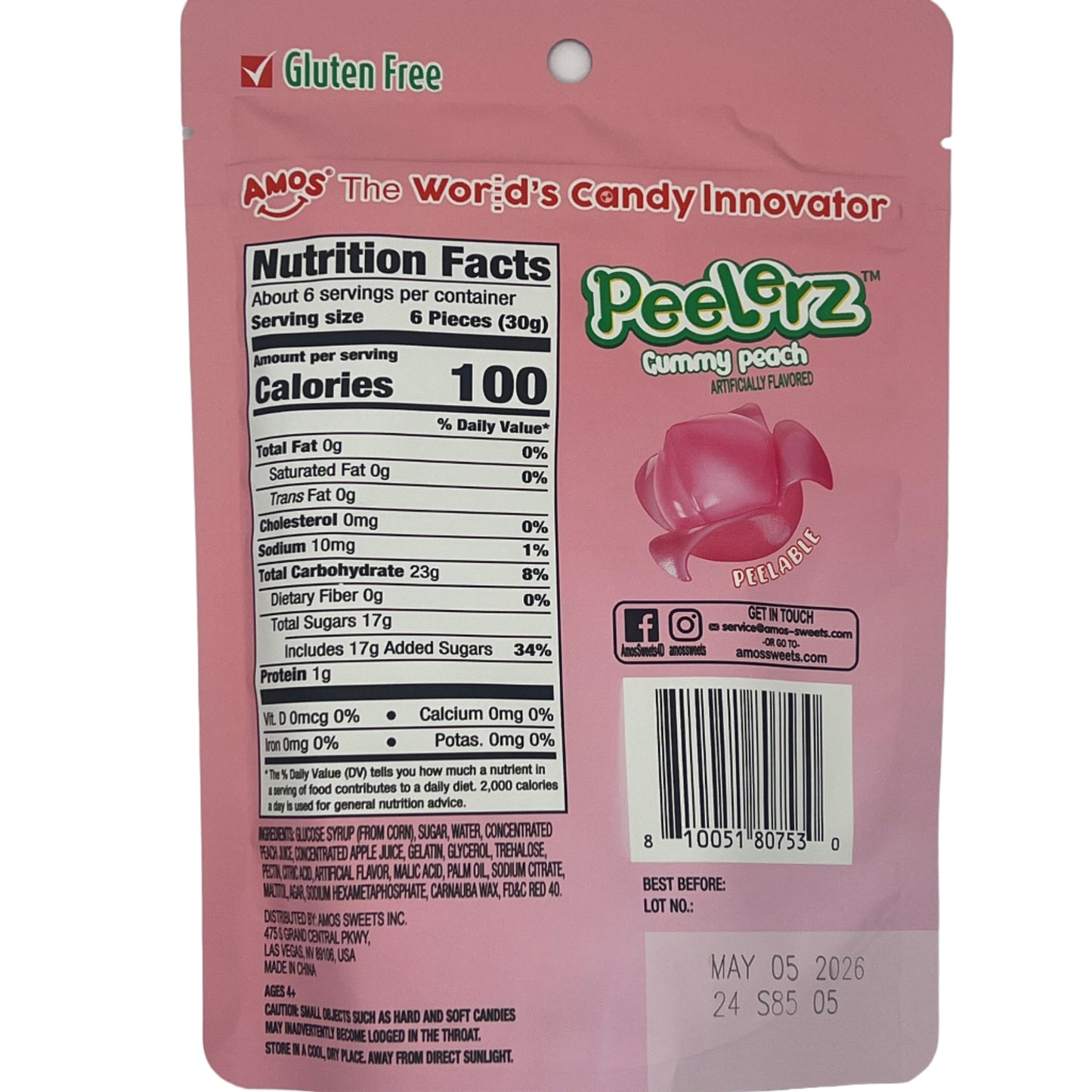 Amos Gummy Peelerz Peach 6oz (170g) USA Peelable Candy Snack Large American Sweet Bags