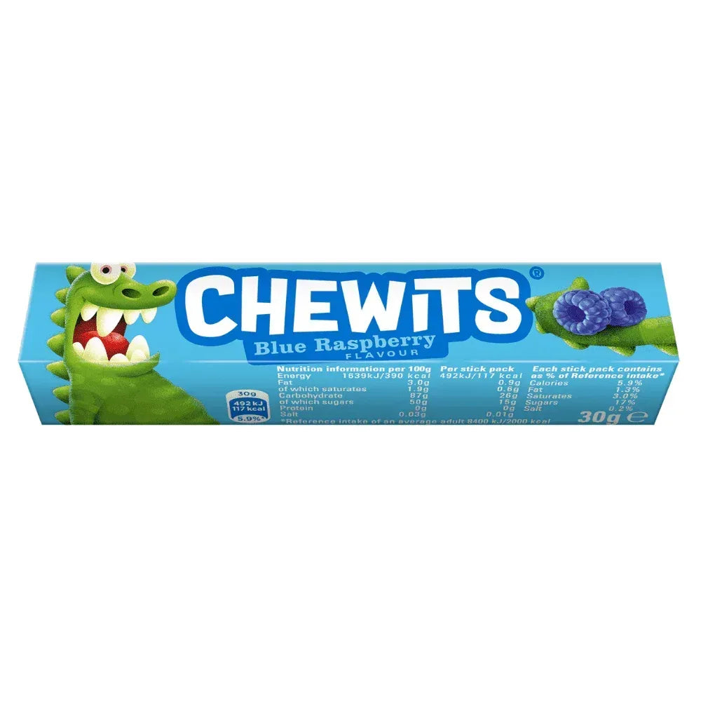 Chewits Chews Blue Raspberry Flavour Stick Pack 30g Vegetarian Halal Gelatine Free Candy Sweet Snacks - Frosty Sweet Factory
