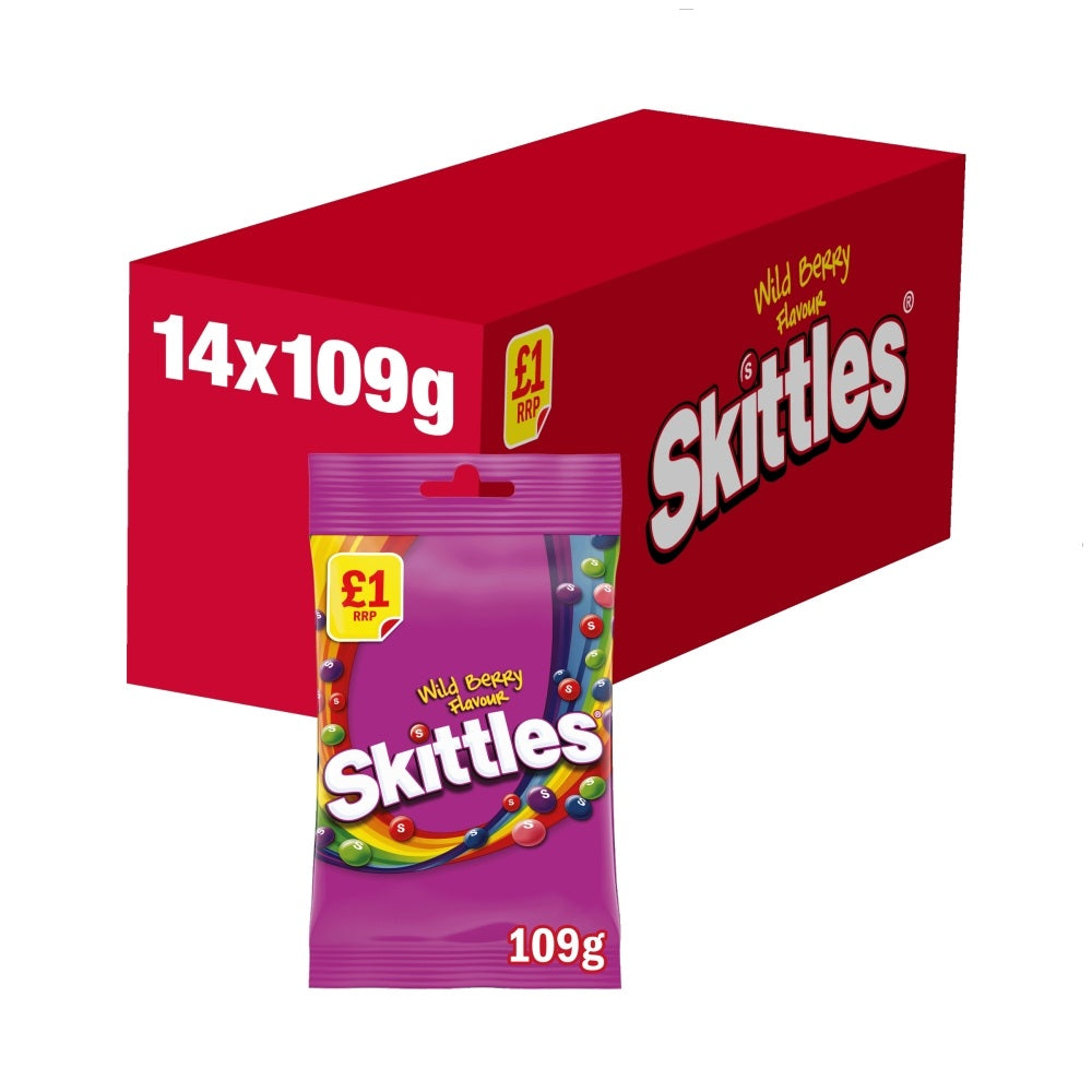 Skittles Chewy Sweets Wild Berry Fruit Flavoured Treat Bag 109g PMP, Vegan Vegetarian Halal Candy Sweet Snacks