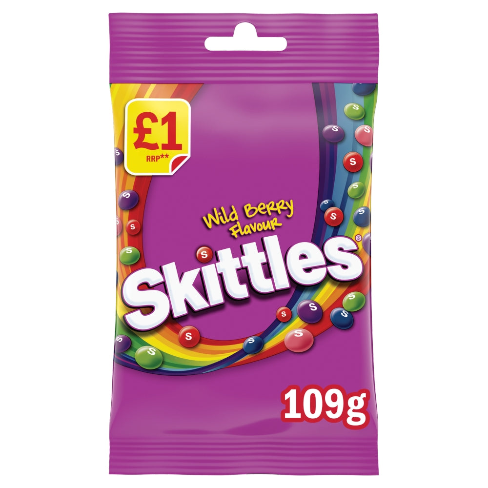 Skittles Chewy Sweets Wild Berry Fruit Flavoured Treat Bag 109g PMP, Vegan Vegetarian Halal Candy Sweet Snacks