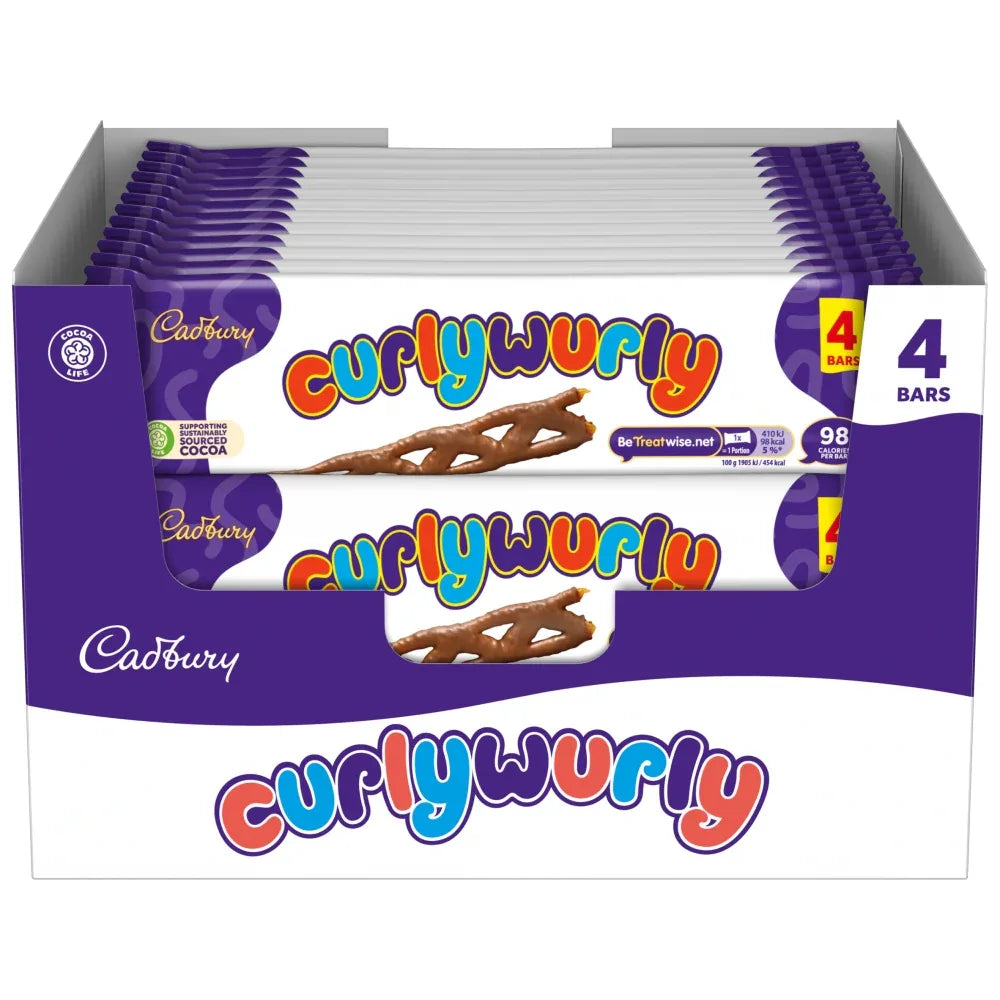 Cadbury Curly Wurly Chocolate Bars 4 Pack 86g Halal Milk Chocolate, Caramel, Vegetarian