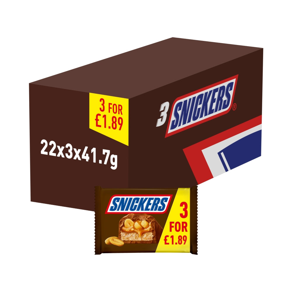 Snickers Caramel, Nougat, Peanuts & Milk Chocolate Bars 125.1g (3x 41.7g) Vegetarian Halal Candy Chocolate Bar Snacksize
