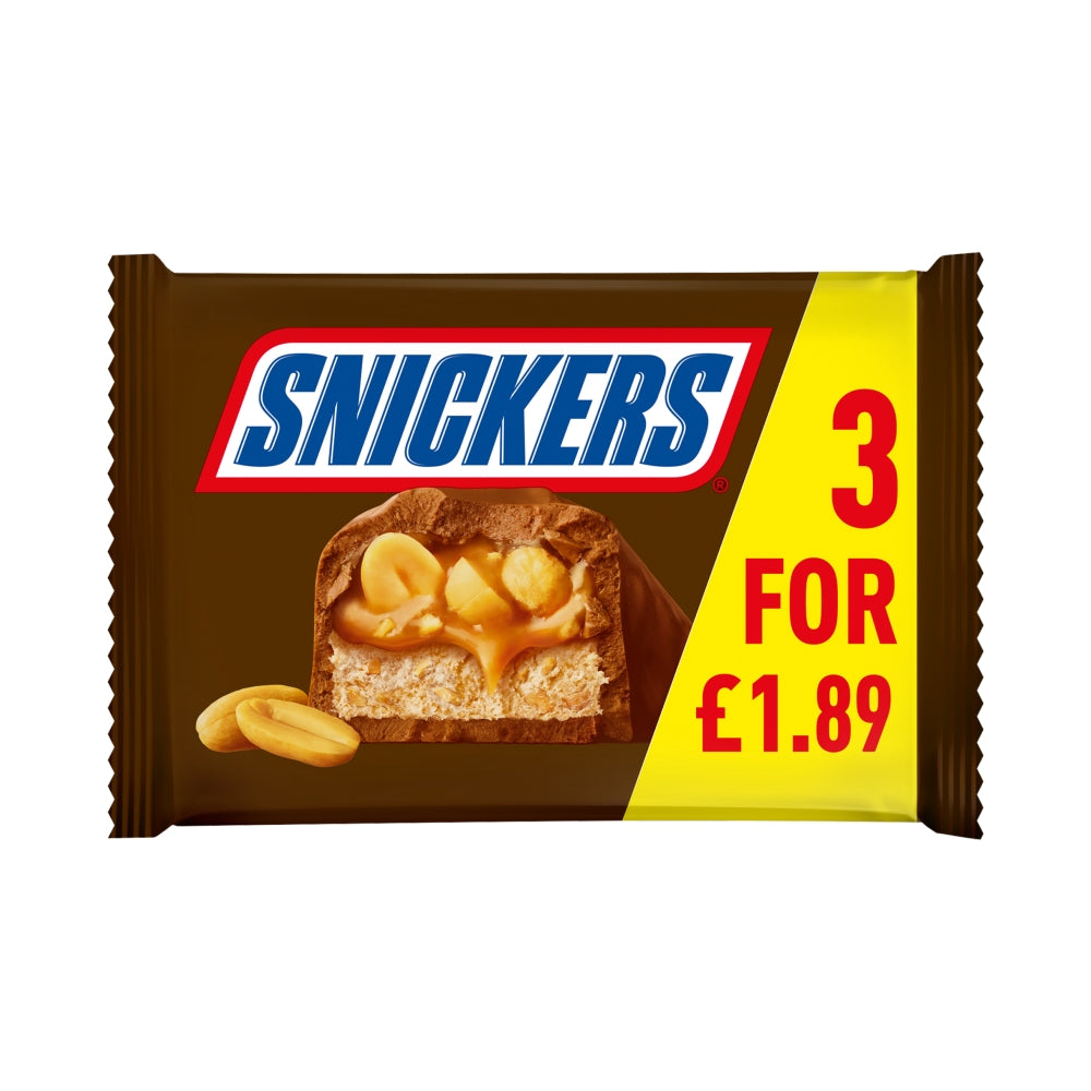 Snickers Caramel, Nougat, Peanuts & Milk Chocolate Bars 125.1g (3x 41.7g) Vegetarian Halal Candy Chocolate Bar Snacksize