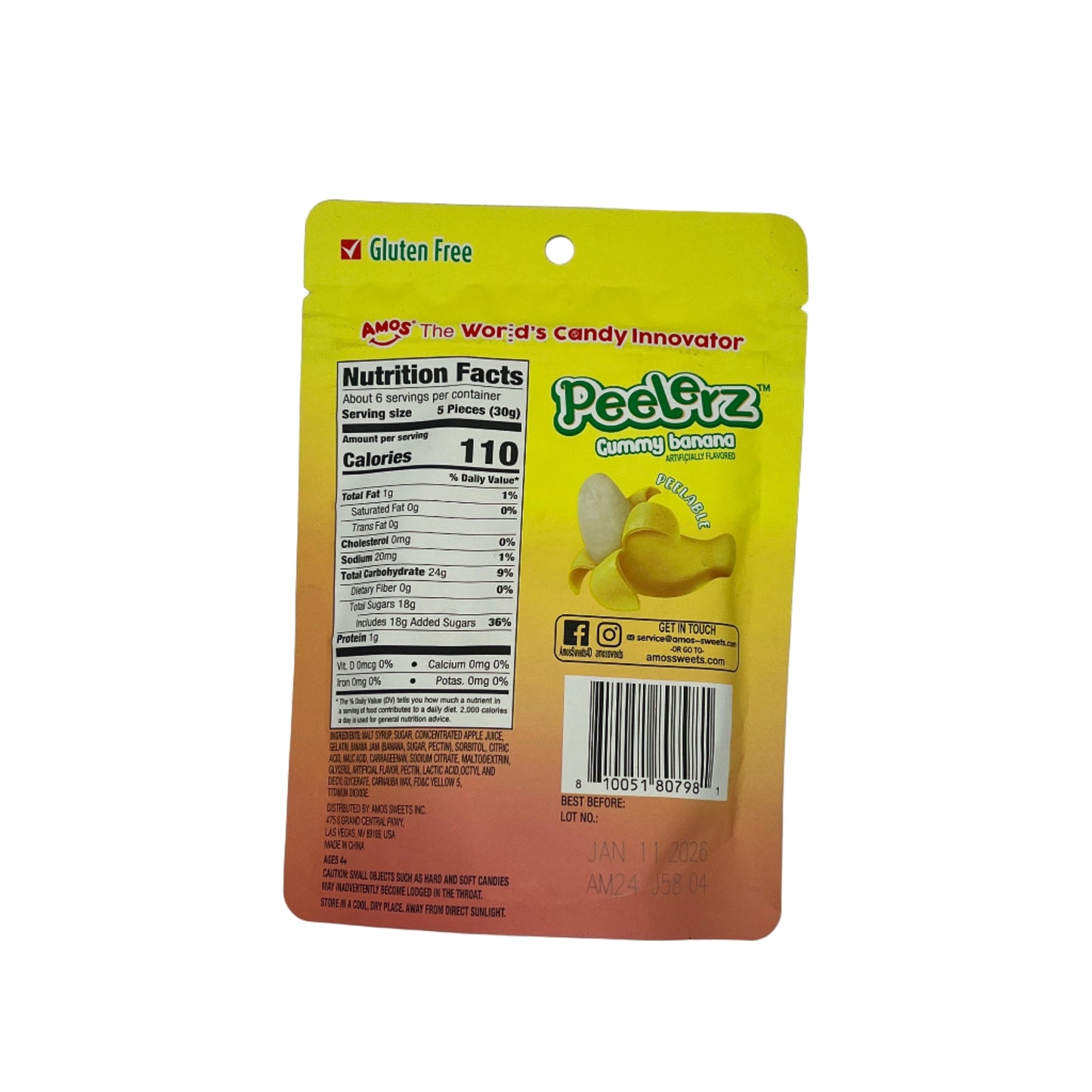 Amos Gummy Peelerz Banana 6oz (170g) USA Peelable Candy Snack Large American Sweet Bags