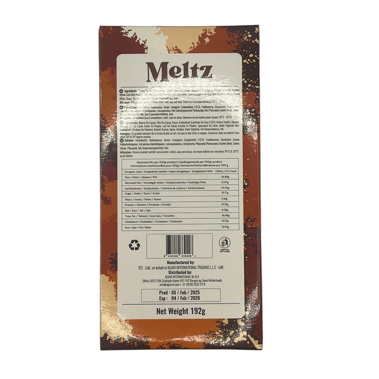 Meltz Dubai Lotus Biscoff Knafeh Chocolate 192g (UAE) United Arab Emirates