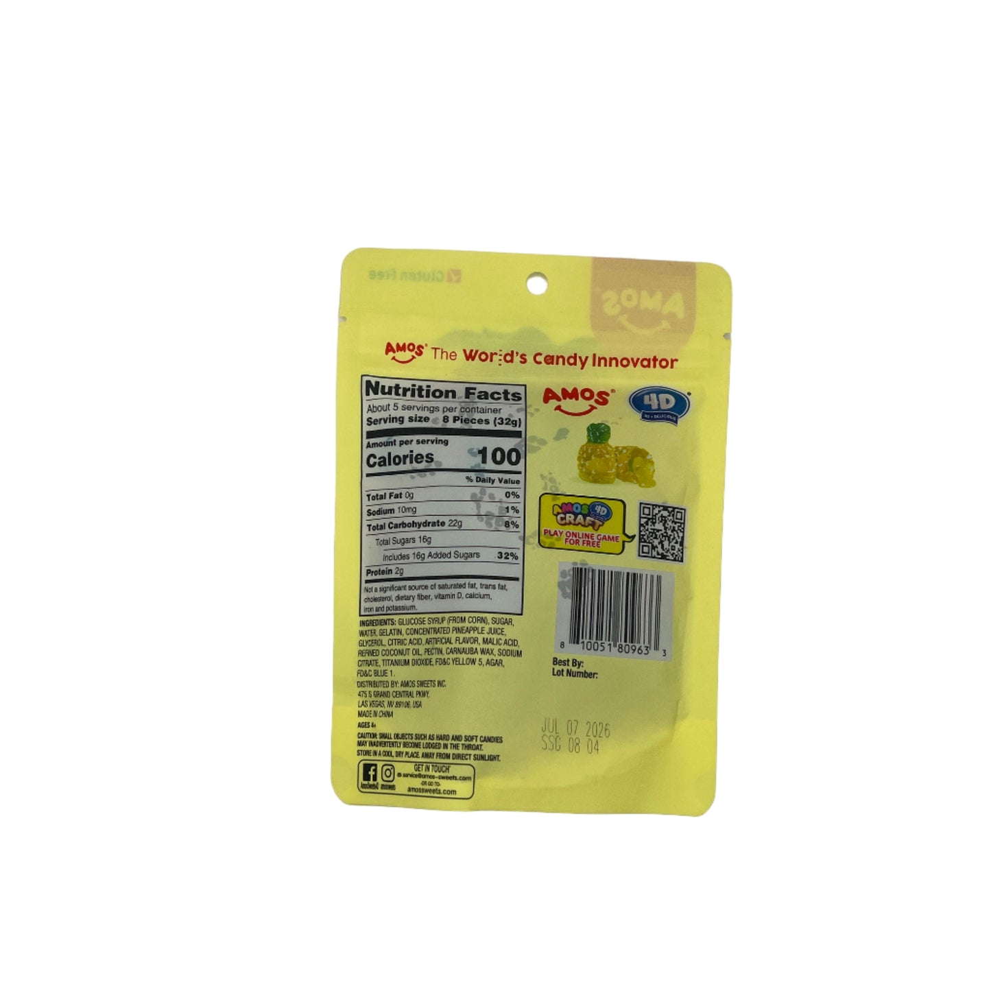 Amos 4D Fruit Gummy Pineapple Burst 6oz (170g) USA Gluten Free Candy Snack Large American Sweet Bags