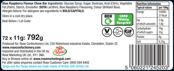 Tango Sherbet Shockers Chew Bars Blue Raspberry 11g Halal Vegetarian Vegan Candy Sweets