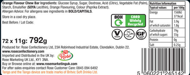 Tango Sherbet Shockers Chew Bars Orange Halal Vegetarian Vegan Candy Sweets