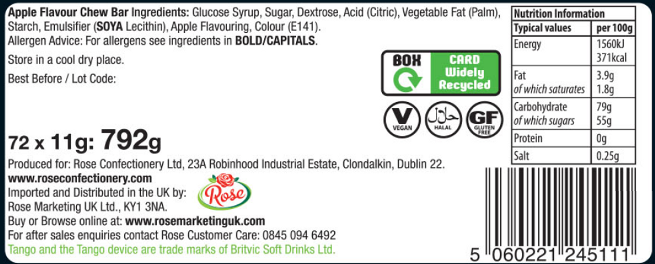 Tango Sherbet Shockers Chew Bars Apple Halal Vegetarian Vegan Candy Sweets