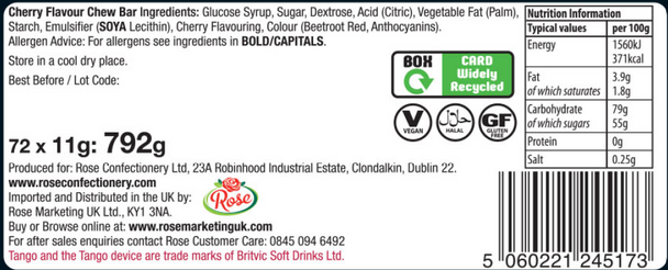 Tango Sherbet Shockers Chew Bars Cherry Halal Vegetarian Vegan Candy Sweets