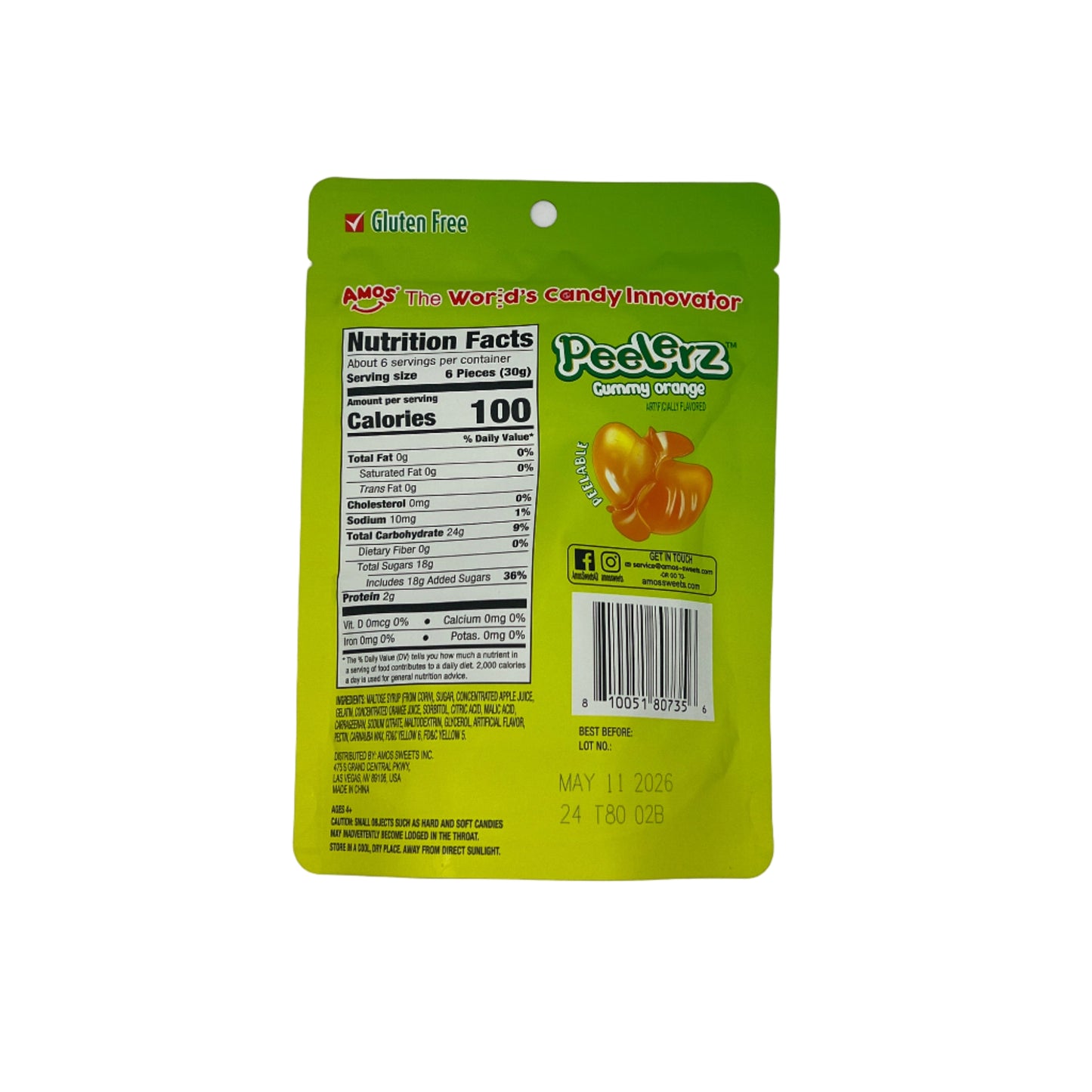 Amos Gummy Peelerz Orange 6oz (170g) USA Peelable Candy Snack Large American Sweet Bags