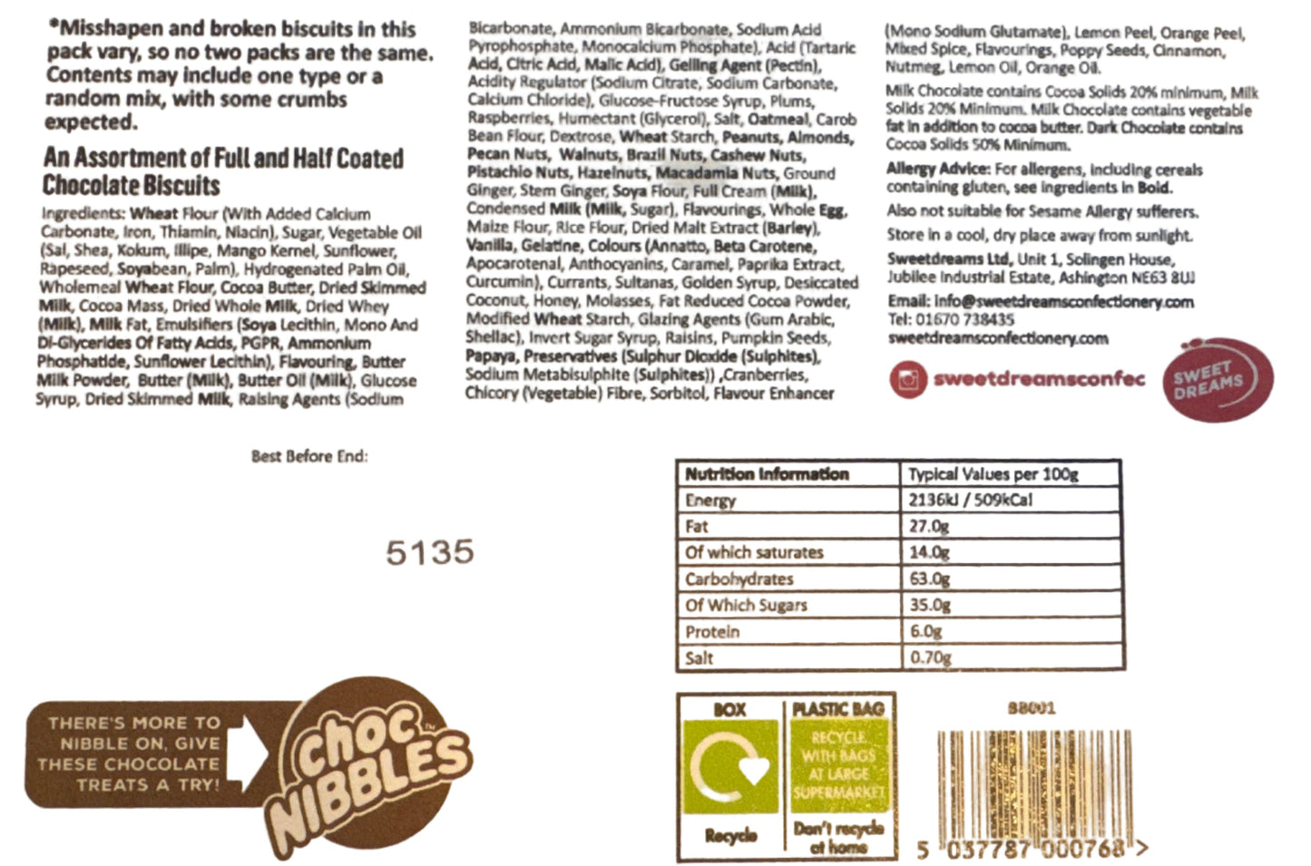 Sweet Dreams Chocolate Biscuits Misfits 1KG Box
