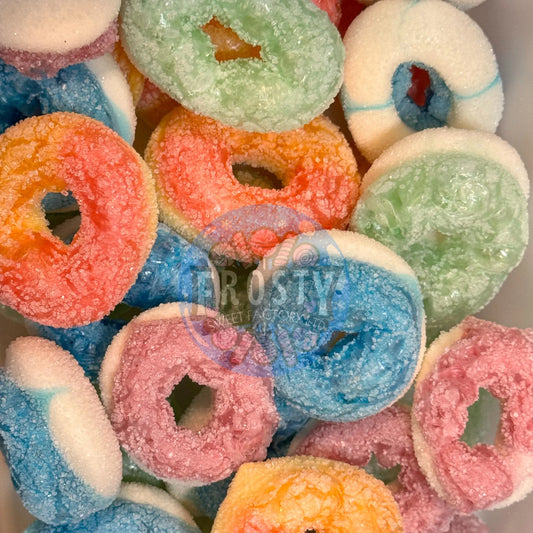 Freeze Dried Sweets Donut Rings Halal Candy Snacks Apple, Blue Raspberry, Fizzy, Peach Watermelon - Frosty Sweet Factory