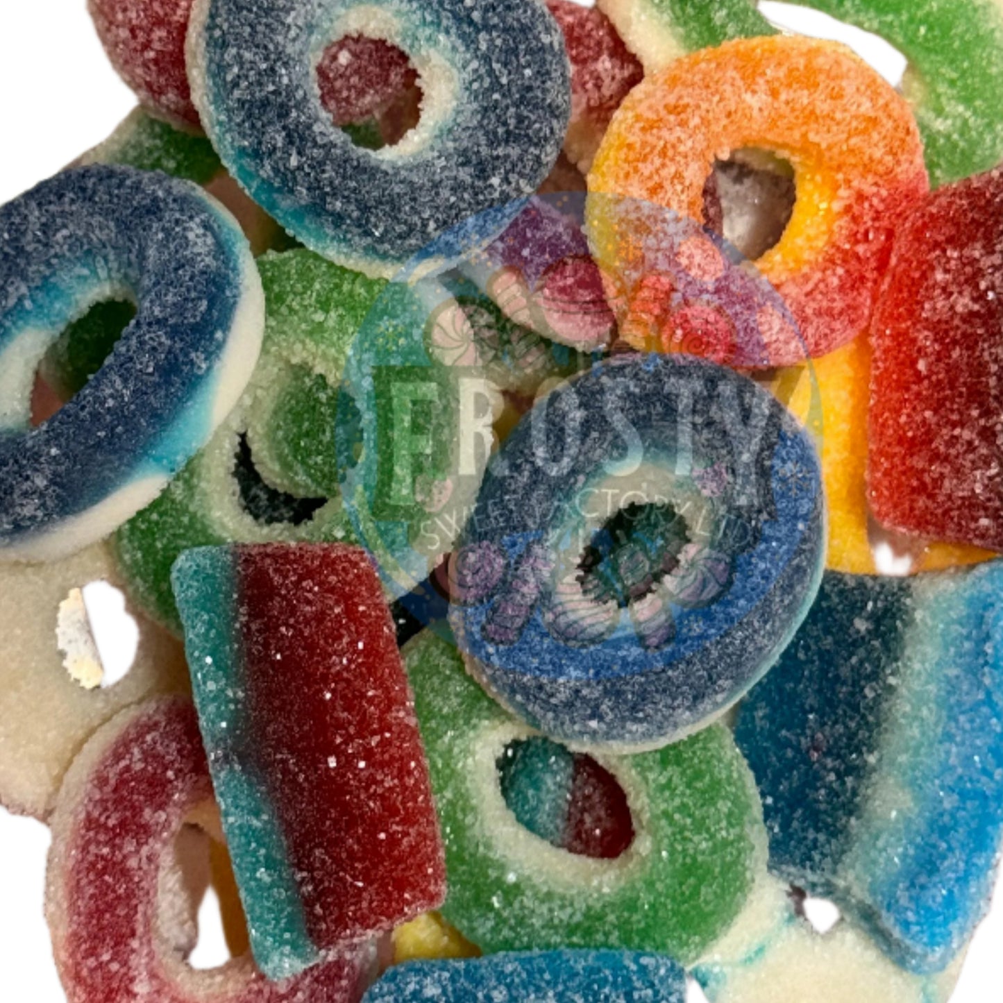 Frostys Rings & Slices Pick N Mix Apple, Blue Raspberry, Fizzy, Peach Watermelon Halal Candy Salad Snack Sweets