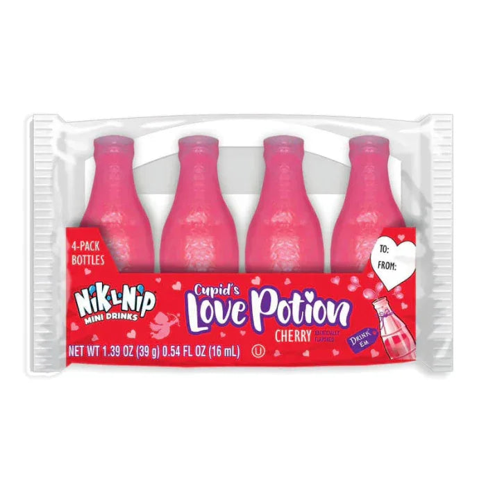 Nik-L-Nip Cupid's Love Potion Wax Bottles 4-Pack 1.39oz (39g) Cherry Flavoured - Frosty Sweet Factory
