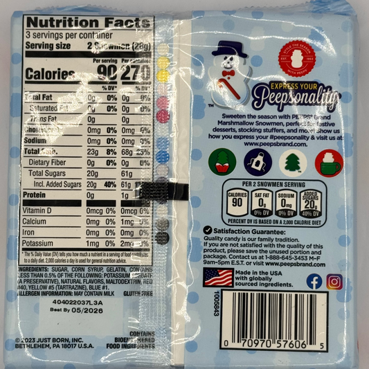 Peeps Snowmen Marshmallow - 6 Pack 3oz (85g) Christmas Mallows, USA Marshmallows Mallows, Vanilla, Gluten Free, Fat Free