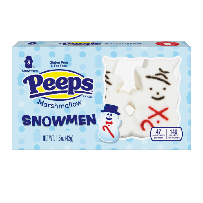 Peeps Snowmen Marshmallow - 3 Pack 1.5oz (32g) Christmas Mallows, USA Marshmallows Mallows, Vanilla, Gluten Free, Fat Free - Frosty Sweet Factory