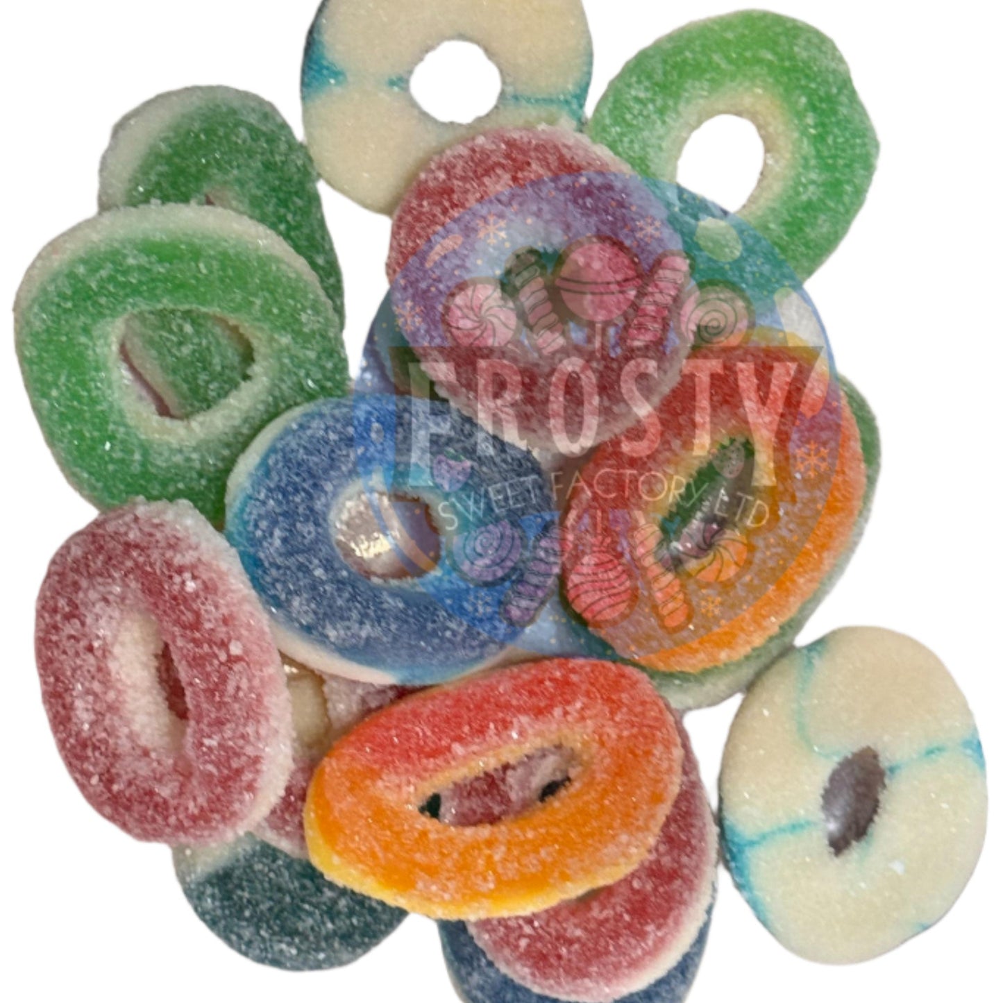 Colorful gummy candy rings on a white background