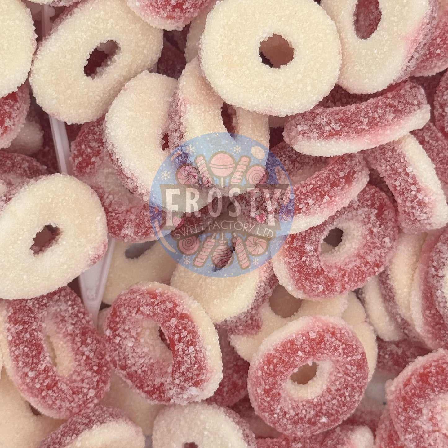 Assorted red and white gummy candy rings with a brand logo in the center.