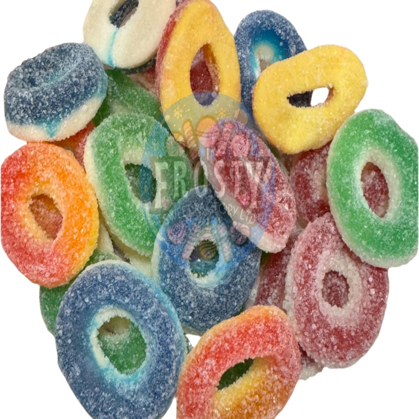 Assorted colorful gummy candy rings on a white background