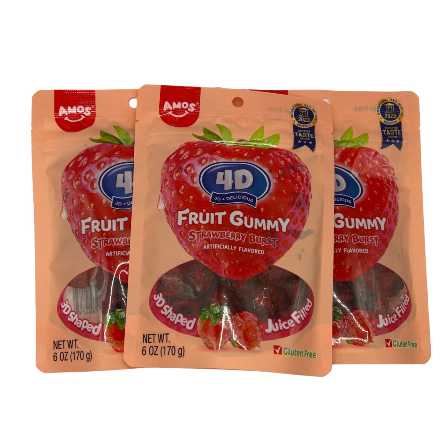 Amos 4D Fruit Gummy Strawberry Burst 6oz (170g) USA Gluten Free Candy Snack Large American Sweet Bags