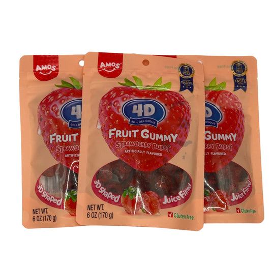 Amos 4D Fruit Gummy Strawberry Burst 6oz (170g) USA Gluten Free Candy Snack Large American Sweet Bags