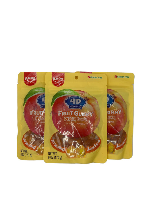 Amos 4D Fruit Gummy Peach Burst 6oz (170g) USA Gluten Free Candy Snack Large American Sweet Bags