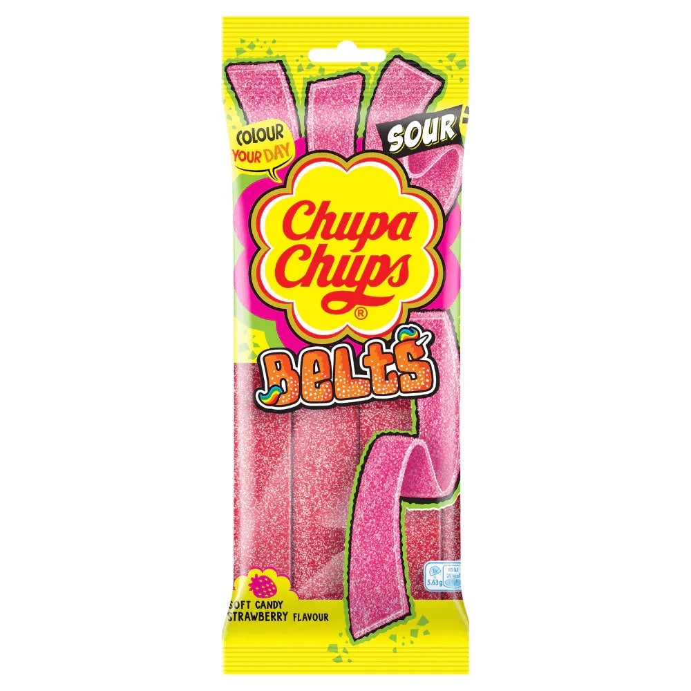 Chupa Chups Sour Strawberry Belts 90g Sweets Vegetarian Halal Dairy Free Candy Snacks - Frosty Sweet Factory