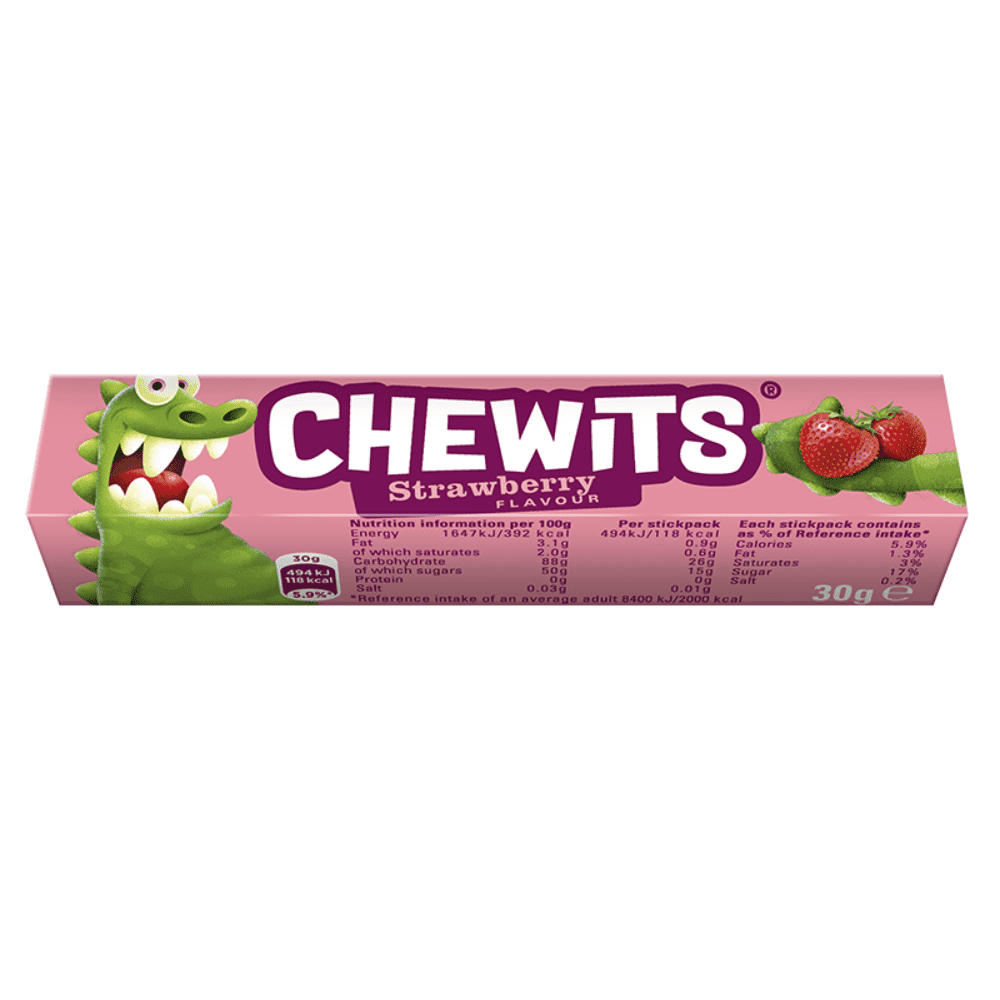 Chewits Strawberry Flavour Stick Pack 30g, Vegetarian, Gelatine Free - Frosty Sweet Factory