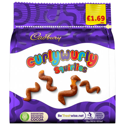 Cadbury Curly Wurly Squirlies Chocolate Bag 85g PMP, Halal, Vegetarian, Milk Chocolate, Caramel Snacks