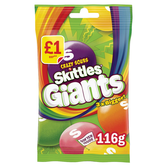 Skittles Giants Chewy Sweets Sour Flavoured Treat Bag 116g PMP Vegan Vegetarian Halal Candy Sweet Snacks