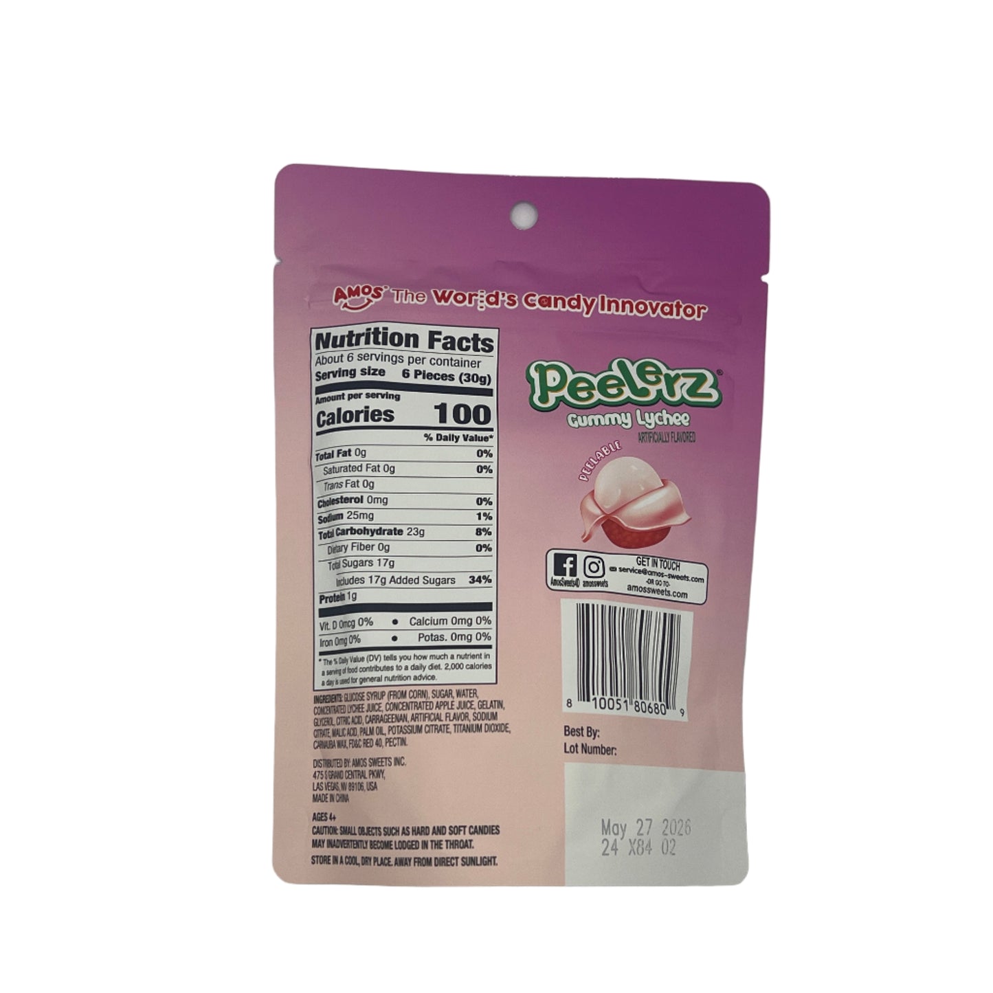 Amos Gummy Peelerz Lychee 6oz (170g) USA Peelable Candy Snack Large American Sweet Bags