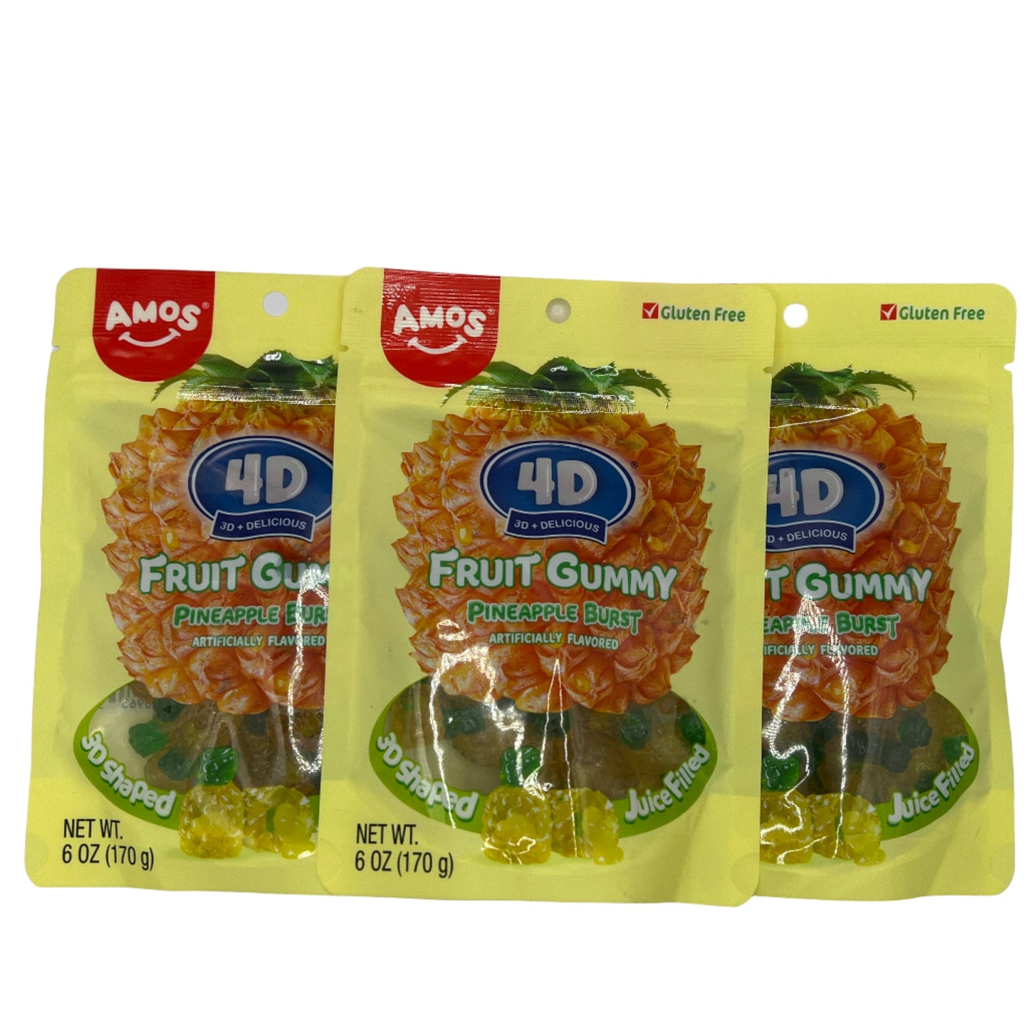 Amos 4D Fruit Gummy Pineapple Burst 6oz (170g) USA Gluten Free Candy Snack Large American Sweet Bags