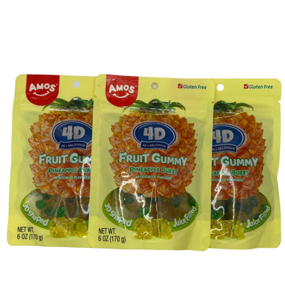 Amos 4D Fruit Gummy Pineapple Burst 6oz (170g) USA Gluten Free Candy Snack Large American Sweet Bags