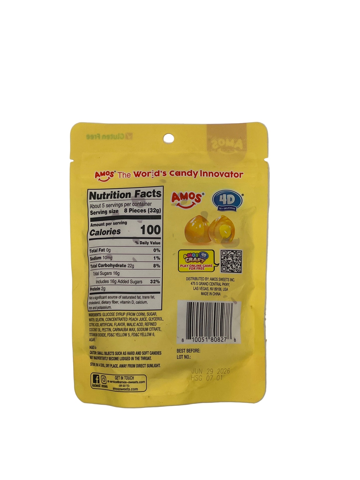 Amos 4D Fruit Gummy Peach Burst 6oz (170g) USA Gluten Free Candy Snack Large American Sweet Bags