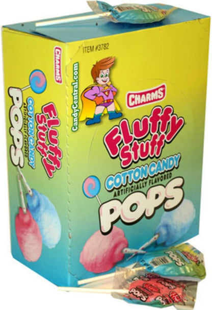 Charms POPS Fluffy Stuff Cotton Candy Lollipops 18g USA Wrapped Lollies, Gluten Free 48 Lollipops