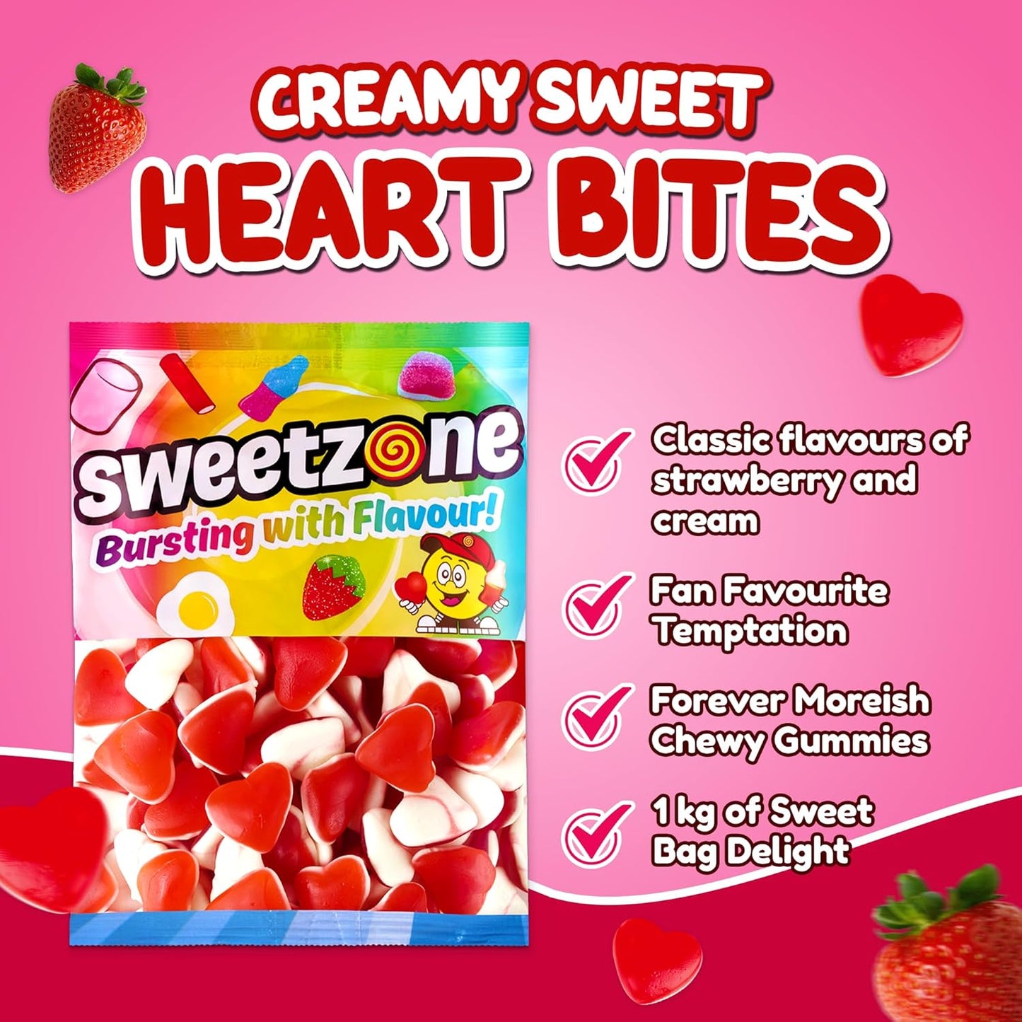 Sweetzone Strawberry and Cream Hearts 1KG Pick N Mix Bags Halal Candy Snack Sweets