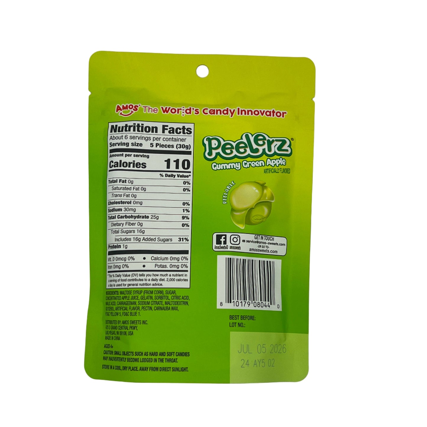 Amos Gummy Peelerz Green Apple 6oz (170g) USA Peelable Candy Snack Large American Sweet Bags