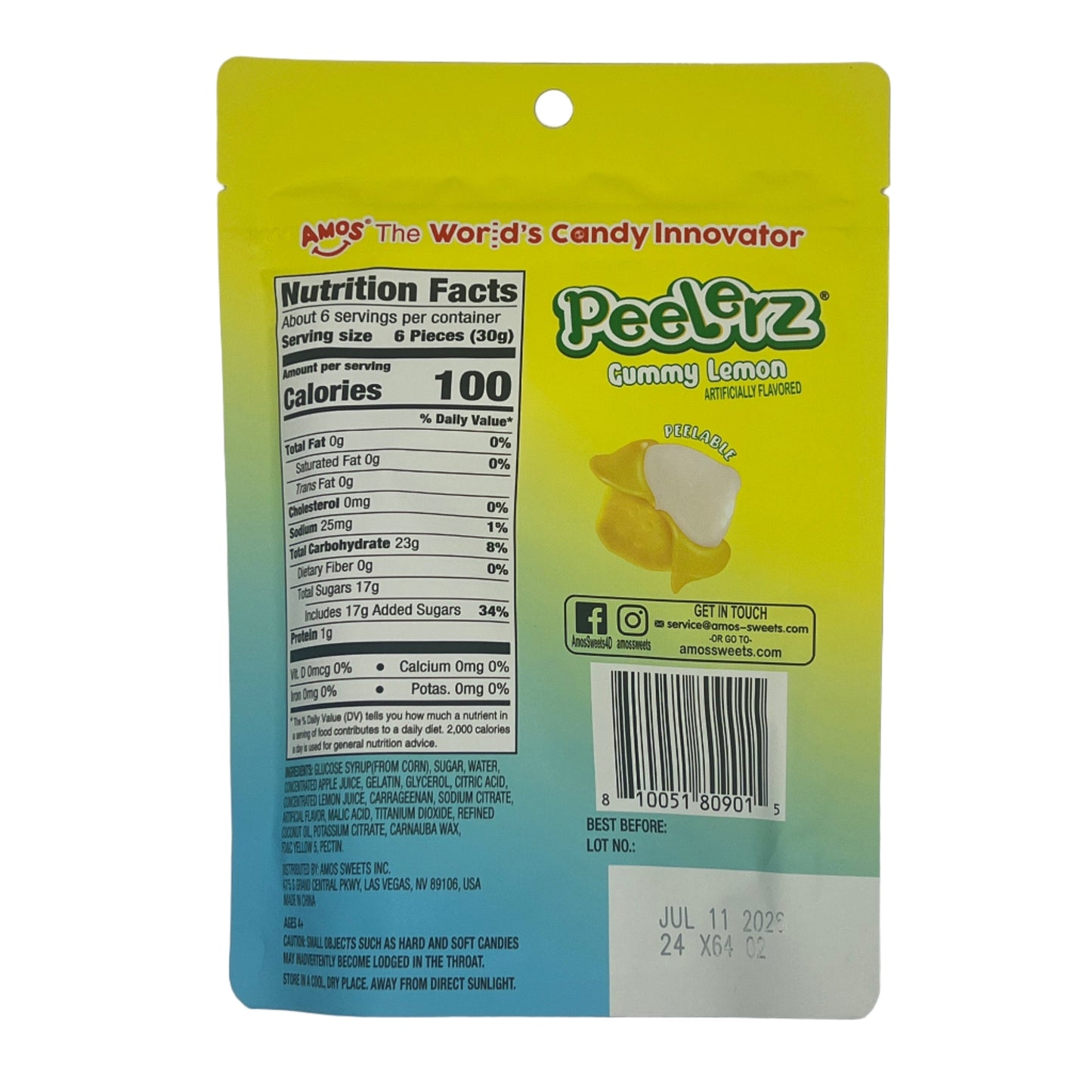 Amos Gummy Peelerz Lemon 6oz (170g) USA Peelable Candy Snack Large American Sweet Bags
