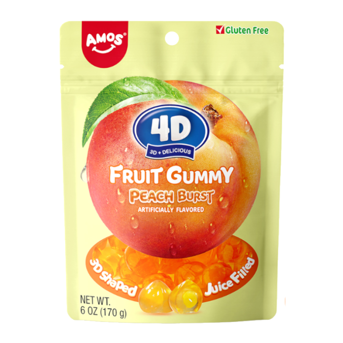 Amos 4D Fruit Gummy Peach Burst 6oz (170g), USA Candy Large Bag Gluten Free - Frosty Sweet Factory