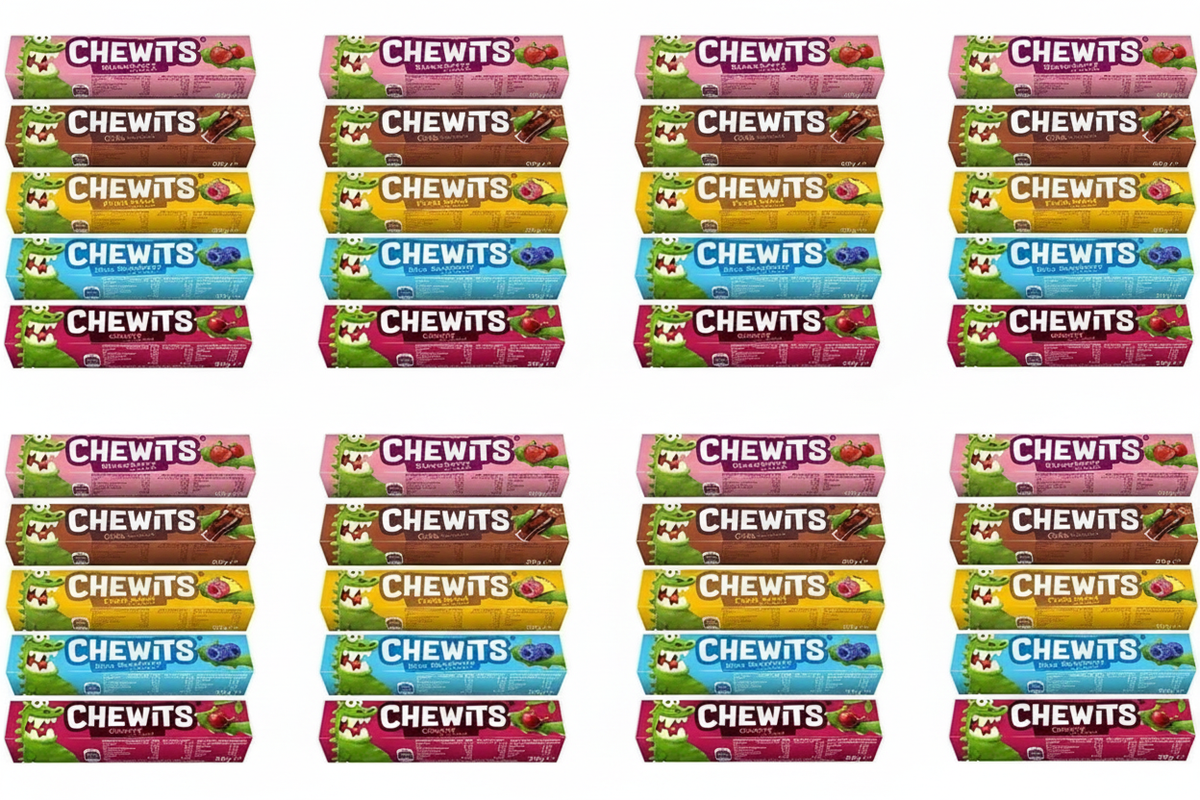 Eight stacks displaying all five Chewits flavours