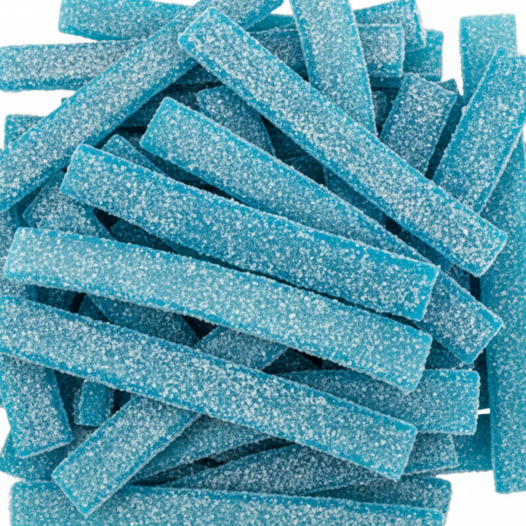 Full-frame blue raspberry sour belts without packaging