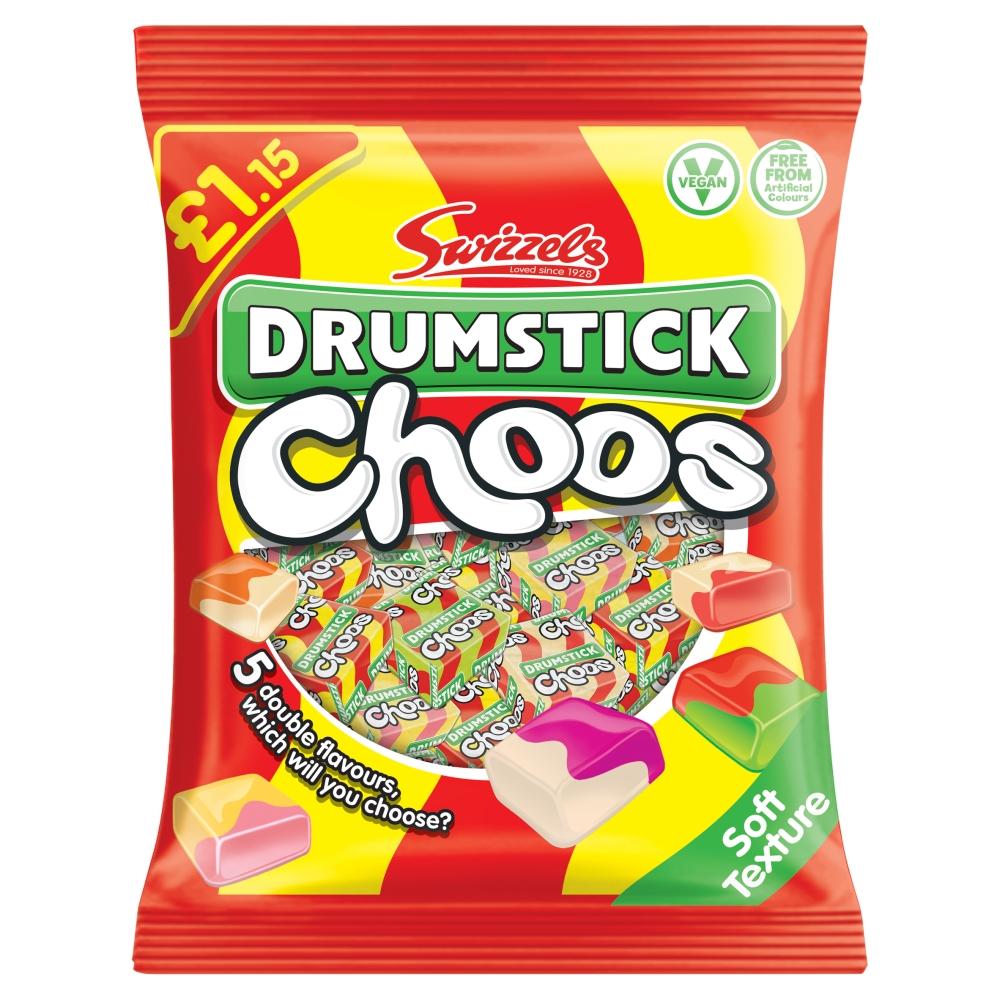 Swizzels Drumstick Choos 115g PMP £1.15, Raspberry, Milk, Vegan, Vegetarian, Halal - Frosty Sweet Factory