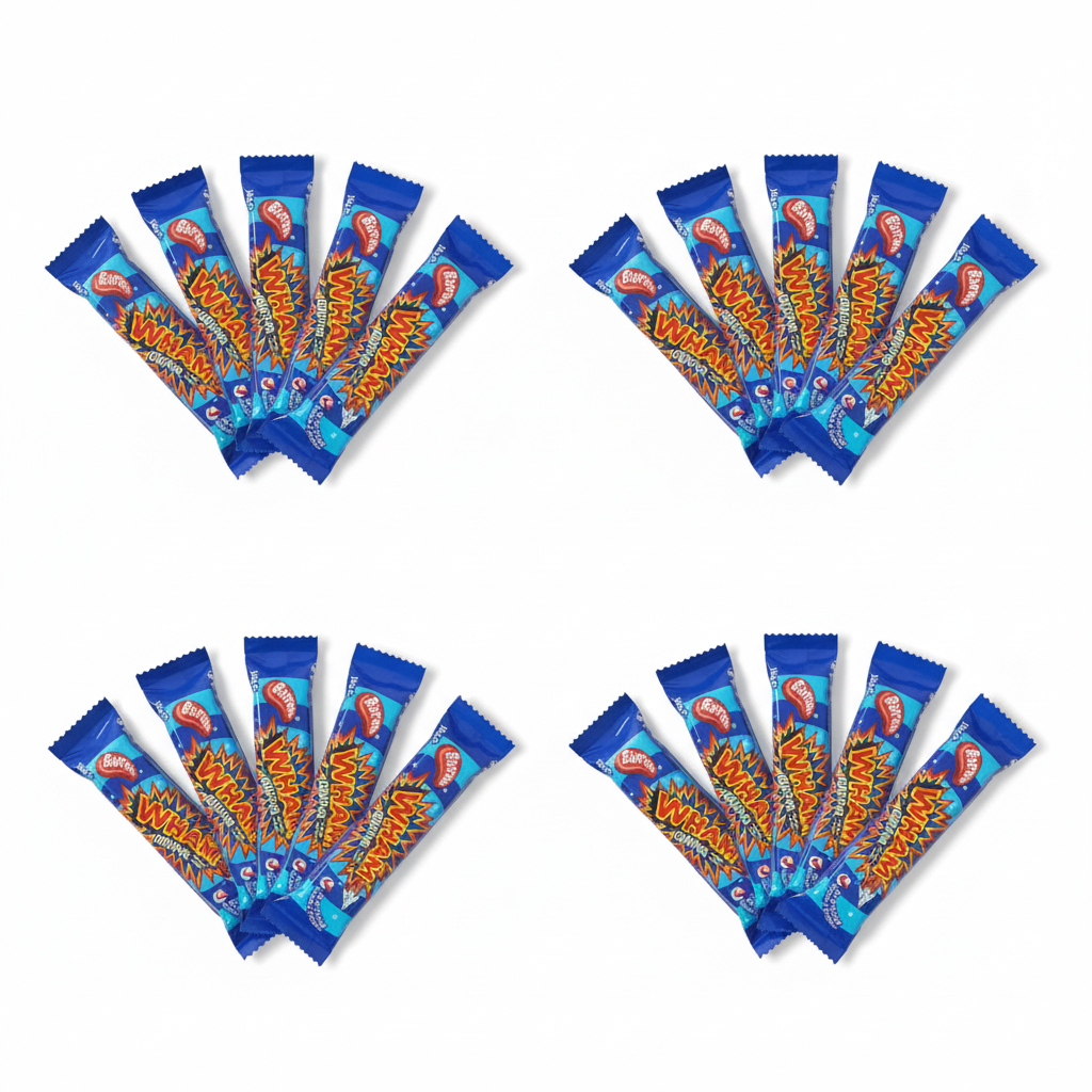 Twenty Wham Bar Original sweet wrappers arranged in four groups of five