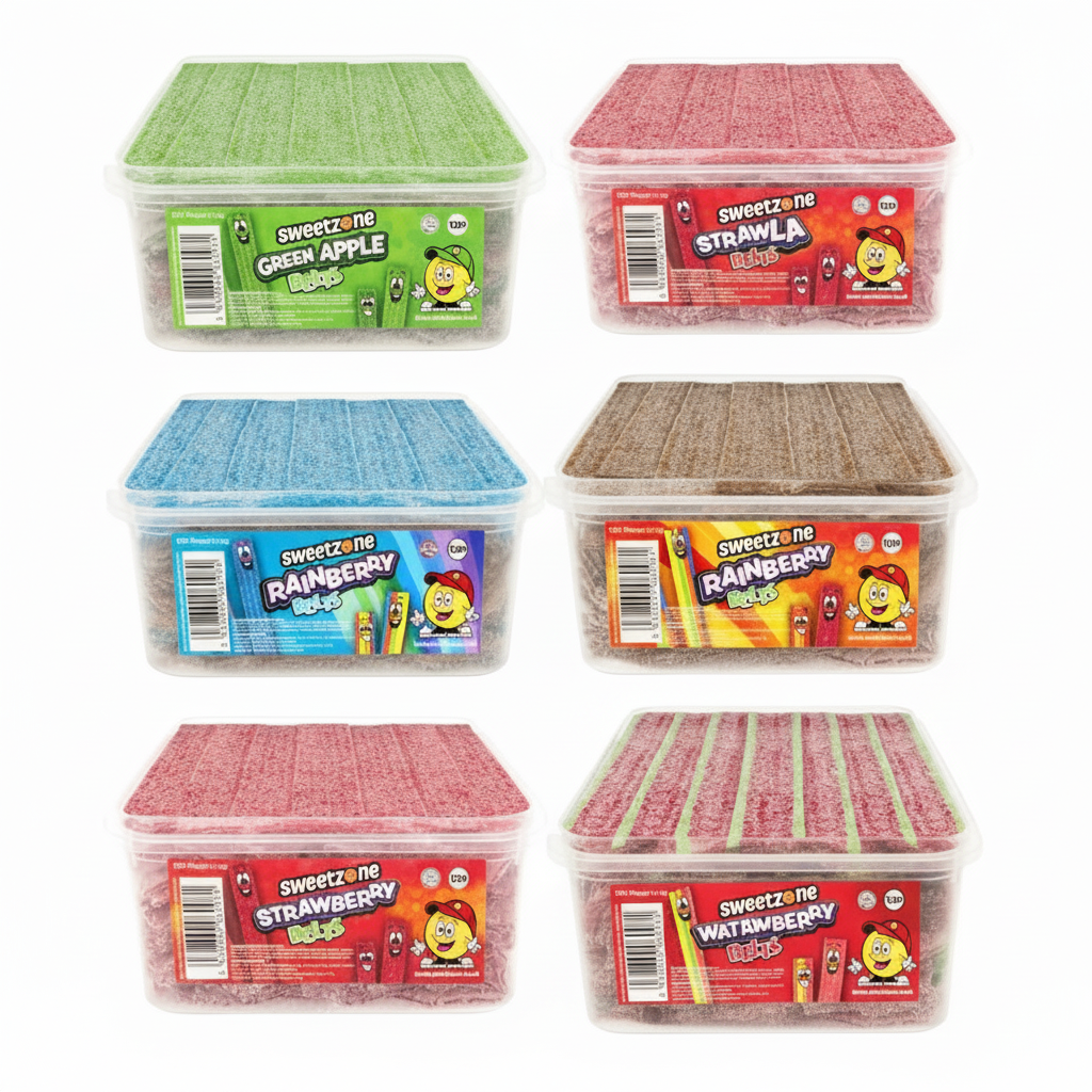 Collage showing Apple, Blue Raspberry, Cola, Rainbow, Strawberry and Watermelon Sweetzone belt flavours