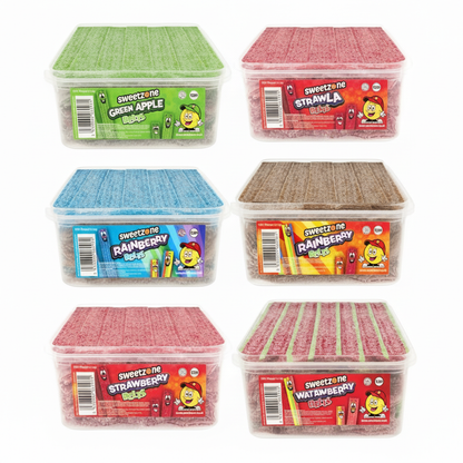 Collage showing Apple, Blue Raspberry, Cola, Rainbow, Strawberry and Watermelon Sweetzone belt flavours