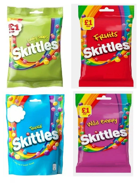Skittles Sweets Bags Original Fruits, Wild Berry, Sour, Tropical, Citrus, Dessert, Giant Sour, Giant Fruits, Gooey, Chewies, Squishy Cloudz Vegan Vegetarian Halal Candy Sweet Snacks Variety
