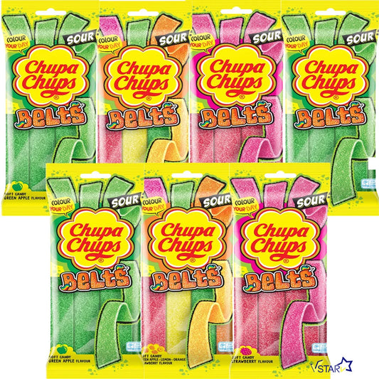 Chupa Chups Sour Belts 90g Sweets Sour Apple, Sour Strawberry or Sour Mix Vegetarian Halal Dairy Free Candy Snacks