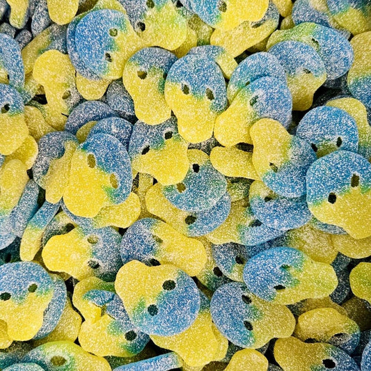 Frostys Fizzy Blue and Yellow Jelly Skulls Vegan Vegetarian Halal Candy Pick N Mix Sweet Snacks
